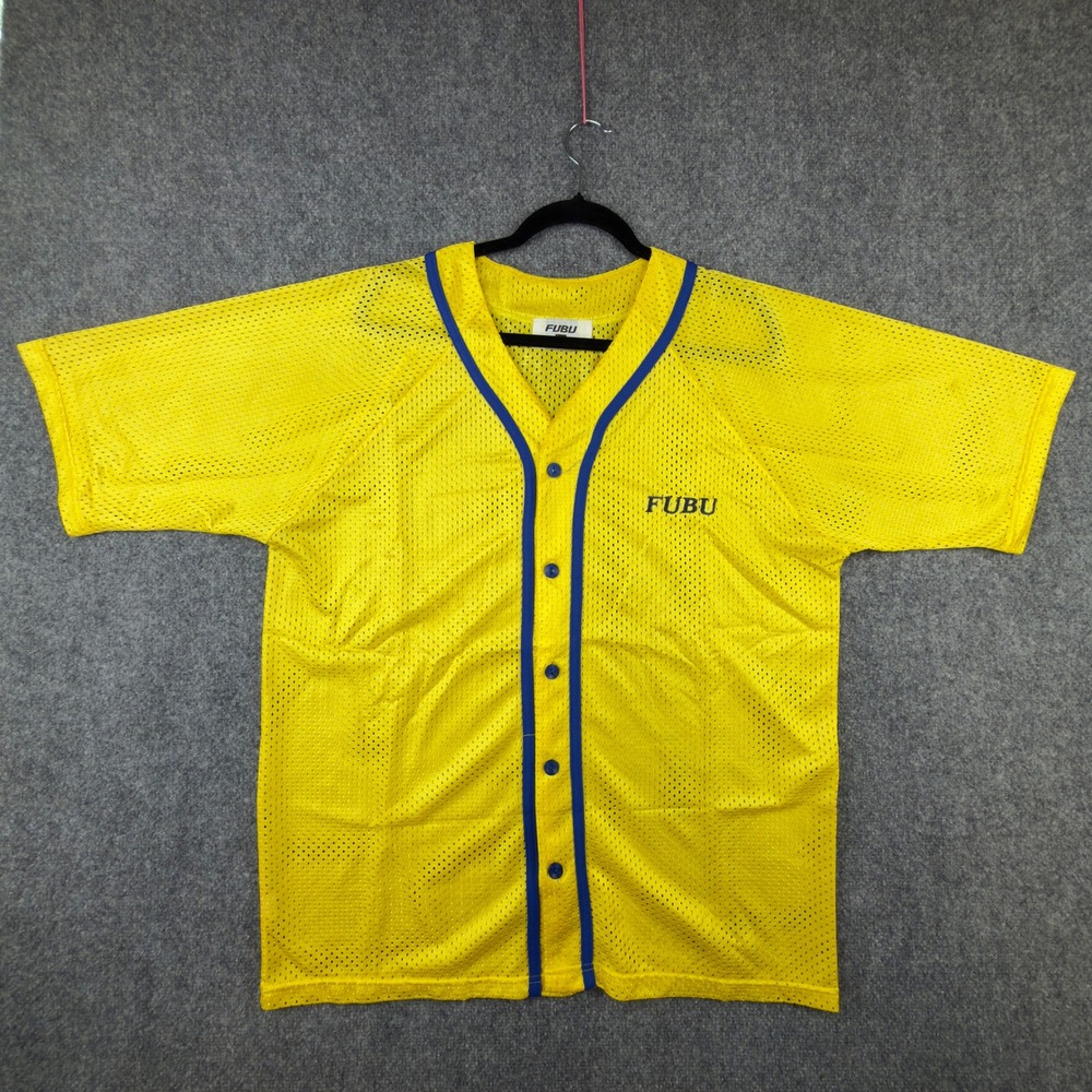 Vintage FUBU Mesh Baseball Jersey Mens XL Yellow Blue Button Up Made in USA 90s